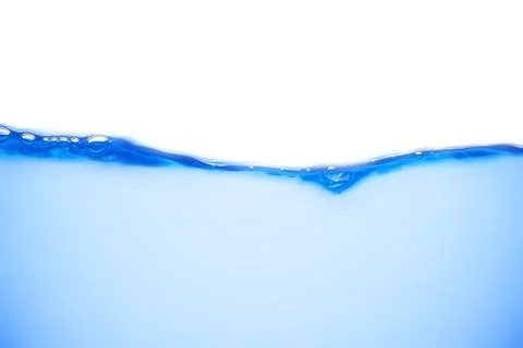 Moving blue water surface and bubbles on a white background Stock Photos