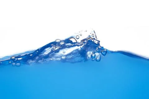 Moving blue water surface and bubbles on a white background Stock Photos