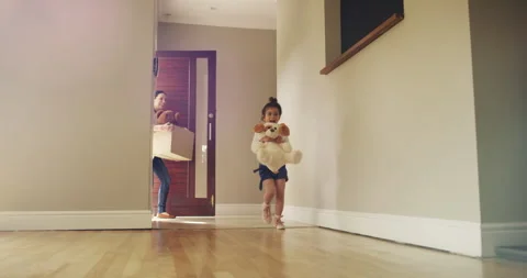 Moving, box and front door with family in new house for property, real estate Stock Footage 241514870