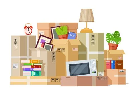 Moving boxes. Carton box packing family stuff. Cardboard parcels relocation Stock Illustration