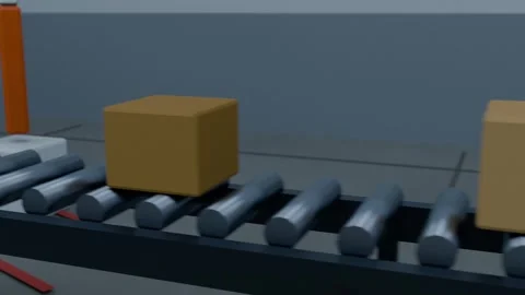 Moving boxes on conveyor at site, box reaching orange pusher pushing onto white Stock Footage 339193862