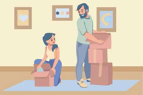 Moving boxes. Family relocation. Man and woman packing stuff into containers Stock Illustration