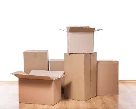 Moving boxes on the floor. Foto stock