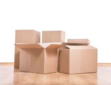 Moving boxes on the floor. Foto stock