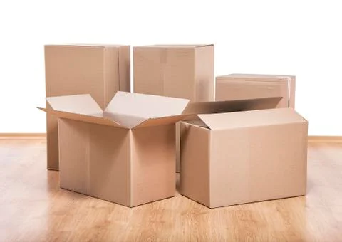 Moving boxes on the floor. Foto stock