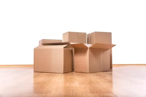Moving boxes on the floor. Foto stock