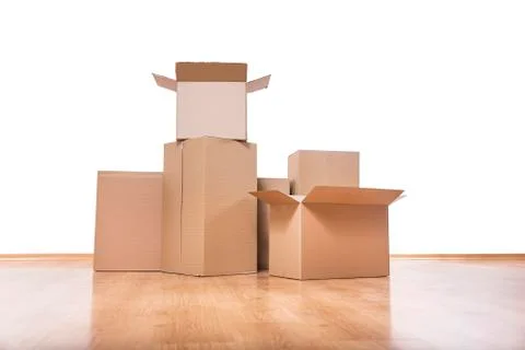 Moving boxes on the floor. Foto stock