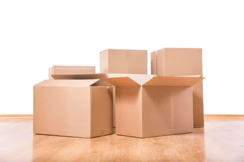 Moving boxes on the floor. Foto stock