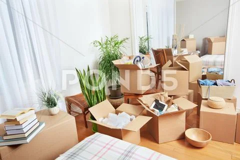 Moving boxes in new house. Stock-Fotos