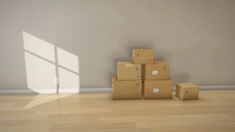 Moving Boxes Stacking in Sunlit New Home Animation Stock Footage 346828267