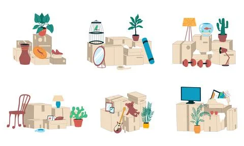 Moving boxes. Stacks and piles of cardboard parcels and packed stuff for Illustrazione stock