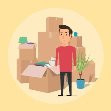 Moving with boxes. Things in box. Happy man Stock Illustration