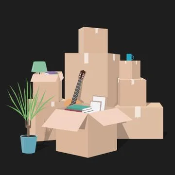 Moving with boxes. Things in box. Transport company Stock Illustration