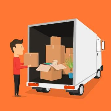 Moving with boxes. Things in box. Transport company イラスト素材