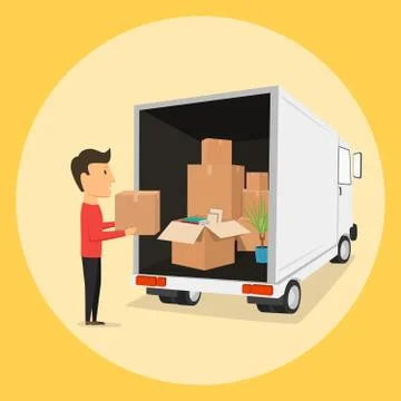 Moving with boxes. Things in box. Transport company 스톡 일러스트