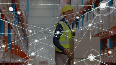 Moving boxes in warehouse, network of connections and data processing animation Stock Footage 303684692