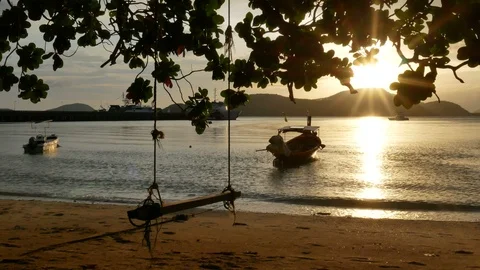 Moving branch leaves tree and swing at sandy beach, long tail boat park with  Stock-Footage 99477832