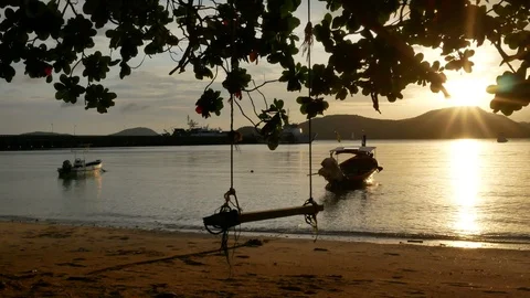 Moving branch leaves tree and swing at sandy beach, long tail boat park with  Stock-Footage 99477871