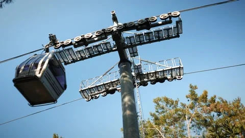 Moving cabins on cableway road. Funicular moving over trees against blue sky Stock Footage 172083506