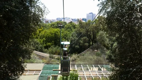 Moving cable car overlooking Lisbon Zoo, Portugal, skyline of Lisbon in Stock Footage 112757567