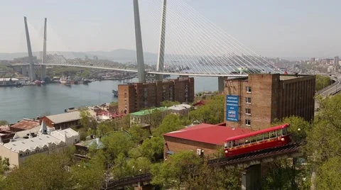 Moving cable-railway (funicular) carriages in Vladivostok Stock Footage 63896794