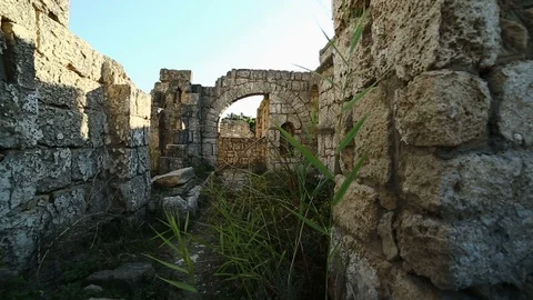 Moving camera among old Roman ruins at Tyre, Lebanon Stock Footage 119106617