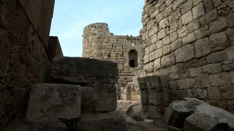 Moving camera among walls of Sidon Sea Castle in Sidon, Lebanon Stock Footage 119112815