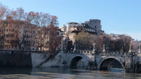 Moving camera on the banks of the River Tiber near Ponte Sant'Angelo in Rome, Stock Footage 144837387