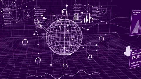 Moving camera bringing wireframe globe closer at purple grid, examining rings, Stock Footage 337505076