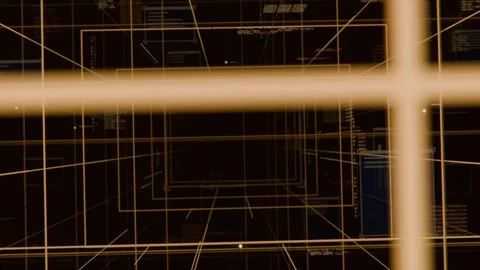 Moving camera causing amber grid tunnel sliding through data space to navigate Stock Footage 340268176
