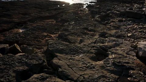 Moving Camera Over Sunlit Coastal Rocks Under Shallow Waves Stock Footage 341658665