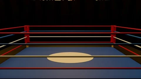Moving camera revealing empty ring on dark stage, preparing for match with red Stock Footage 339721926