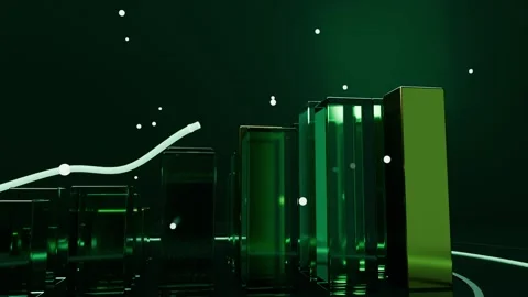 Moving camera revealing glass pillars, gold block on floor, glowing line rising, Stock Footage 340268264