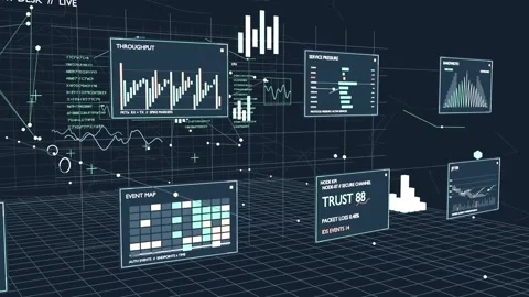 Moving camera revealing HUD cluster at 3D grid, updating TRUST 88 for live Stock Footage 337505074