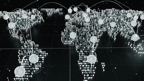 Moving camera revealing world map, rising markers and arcs showing global data Stock Footage 337964666