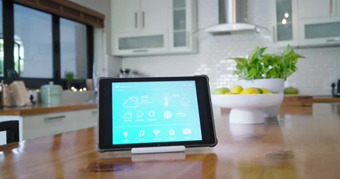 Moving camera is shifting focus and exposure to showcase tablet dashboard on Stock Footage 342031242