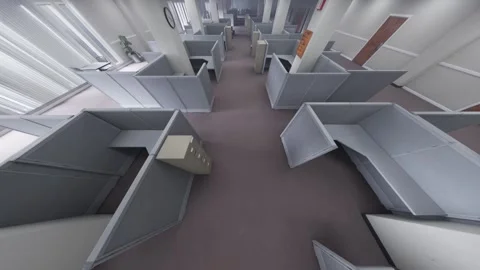 A moving camera through a deserted office with furniture. View from above. Stock Footage 302448736