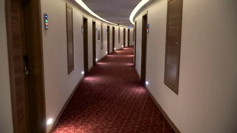 Moving camera, walk in Hotel corridor, point of view. POV. Walking through ho Stock Footage 77292804