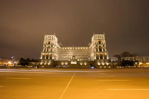 Moving car with blur light through baku city at night Stock Photos