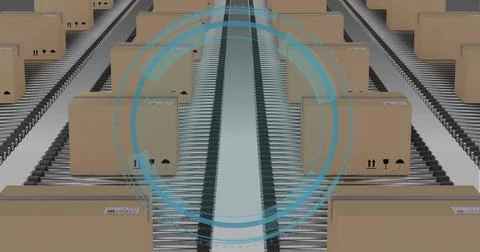 Moving cardboard box with barcode labels and arrows on warehouse conveyor lane Stock Photos