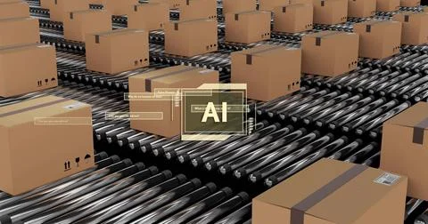 Moving cardboard boxes across parallel rollers in warehouse, with HUD AI overlay 库存照片
