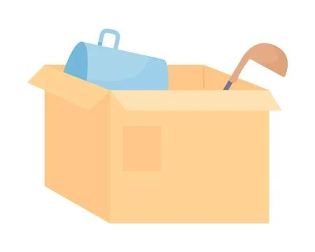 Moving cartoon box with kitchenware and cookware semi flat color vector object Stock Illustration