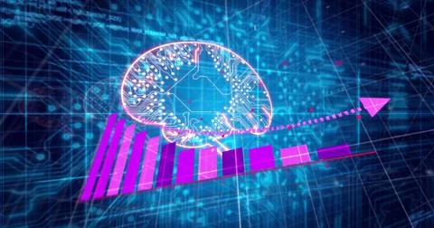 Moving circuit brain in data network, with ascending purple bar, magenta arrow, Illustrazione stock
