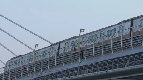 Moving the city train on the bridge Stock Footage 79117039