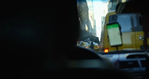 Moving Classic New York Traffic From Car With Iconic Yellow New York Taxi Cab Stock Footage 112584700