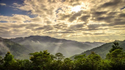 Moving Cloud With Ray Of Light And Ground Mist Over Valley Video stock 35934769