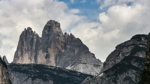 Moving clouds above the Tre Cime di Lavaredo mountain group Stock Footage 117061432