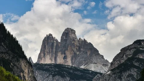 Moving clouds above the Tre Cime di Lavaredo mountain group Stock Footage 117062179
