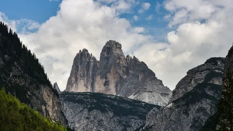 Moving clouds above the Tre Cime di Lavaredo mountain group Stock Footage 117062205