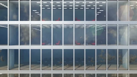 Moving up to the clouds along windows of the office building and skyscraper loop Видео 136975061